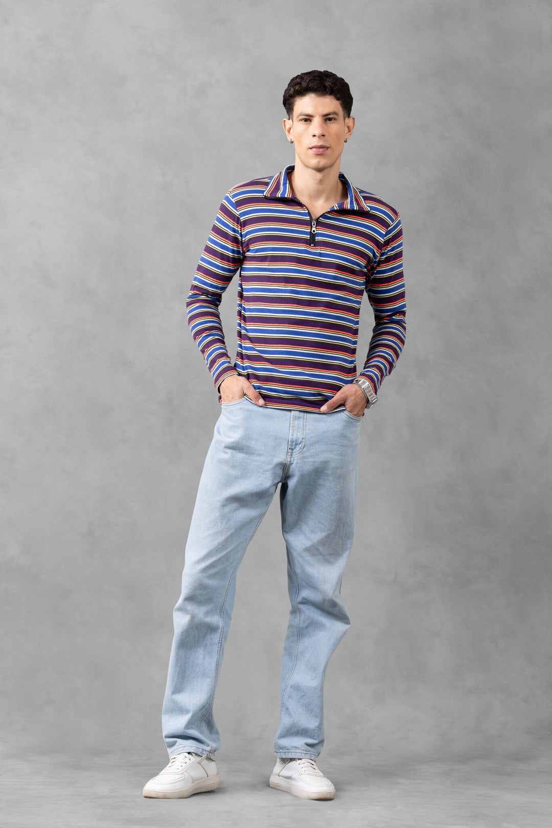 Multi Full Sleeve Self Design Zipper T-Shirt