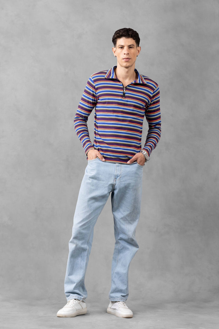 Multi Full Sleeve Self Design Zipper T-Shirt