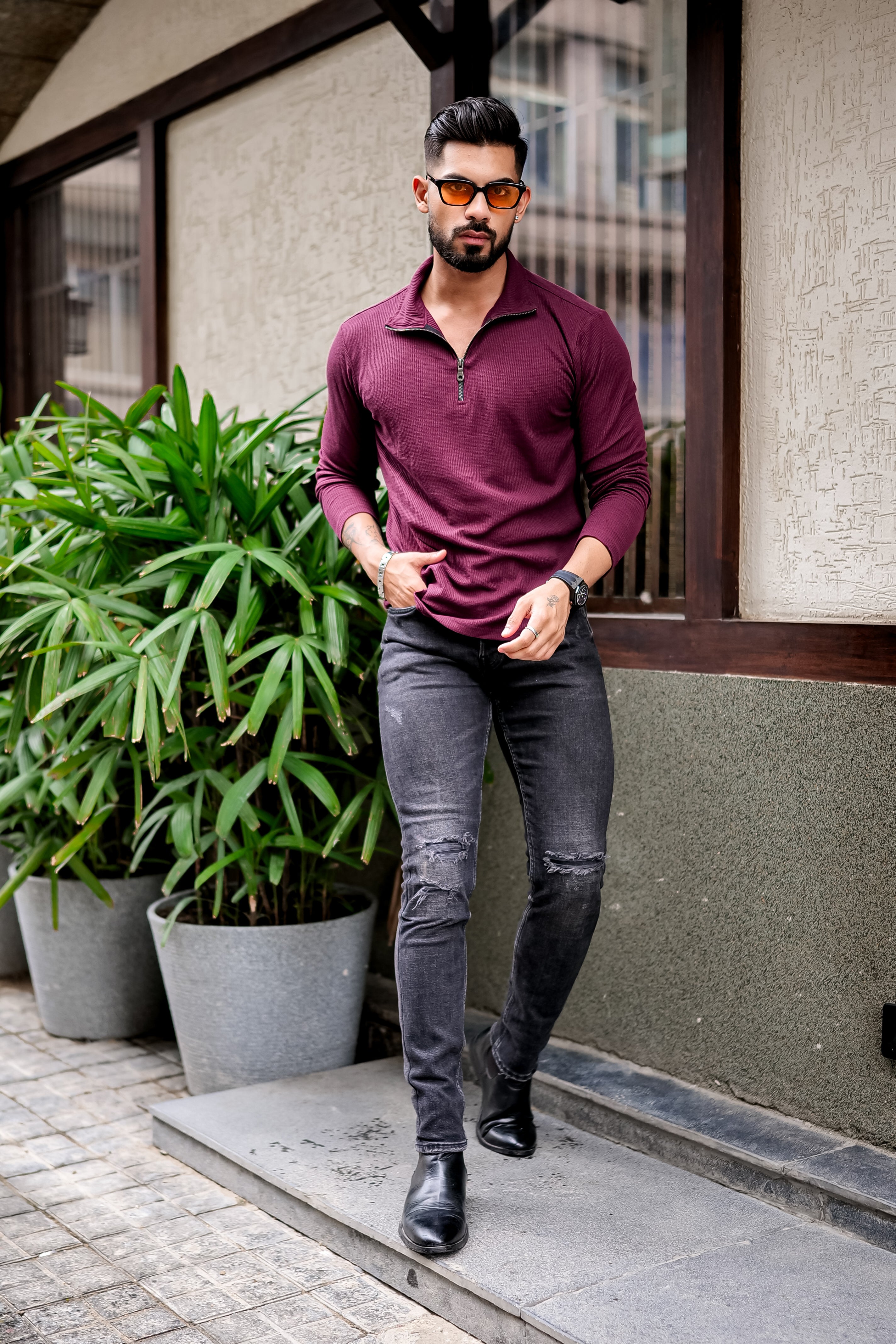 Maroon Waffle Self Design Zipper T-Shirt