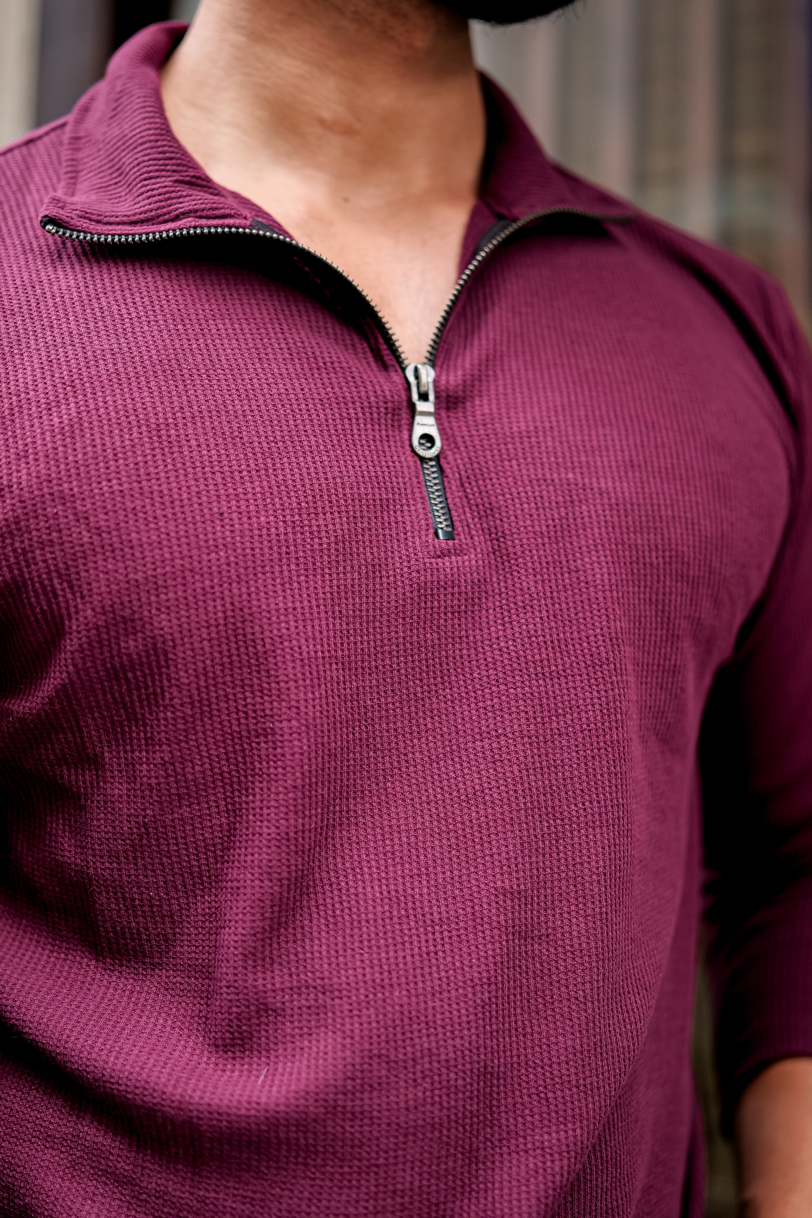 Maroon Waffle Self Design Zipper T-Shirt