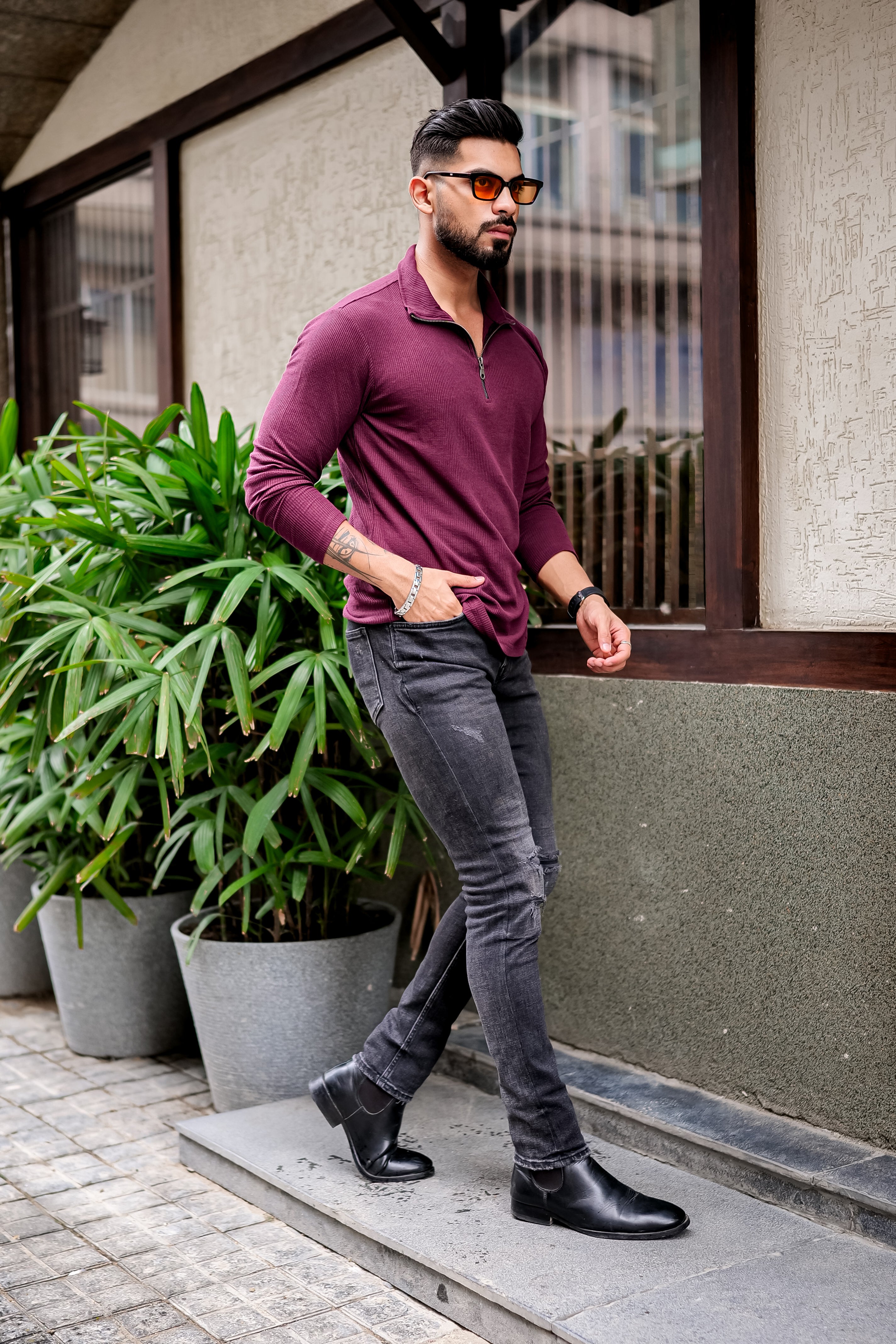 Maroon Waffle Self Design Zipper T-Shirt