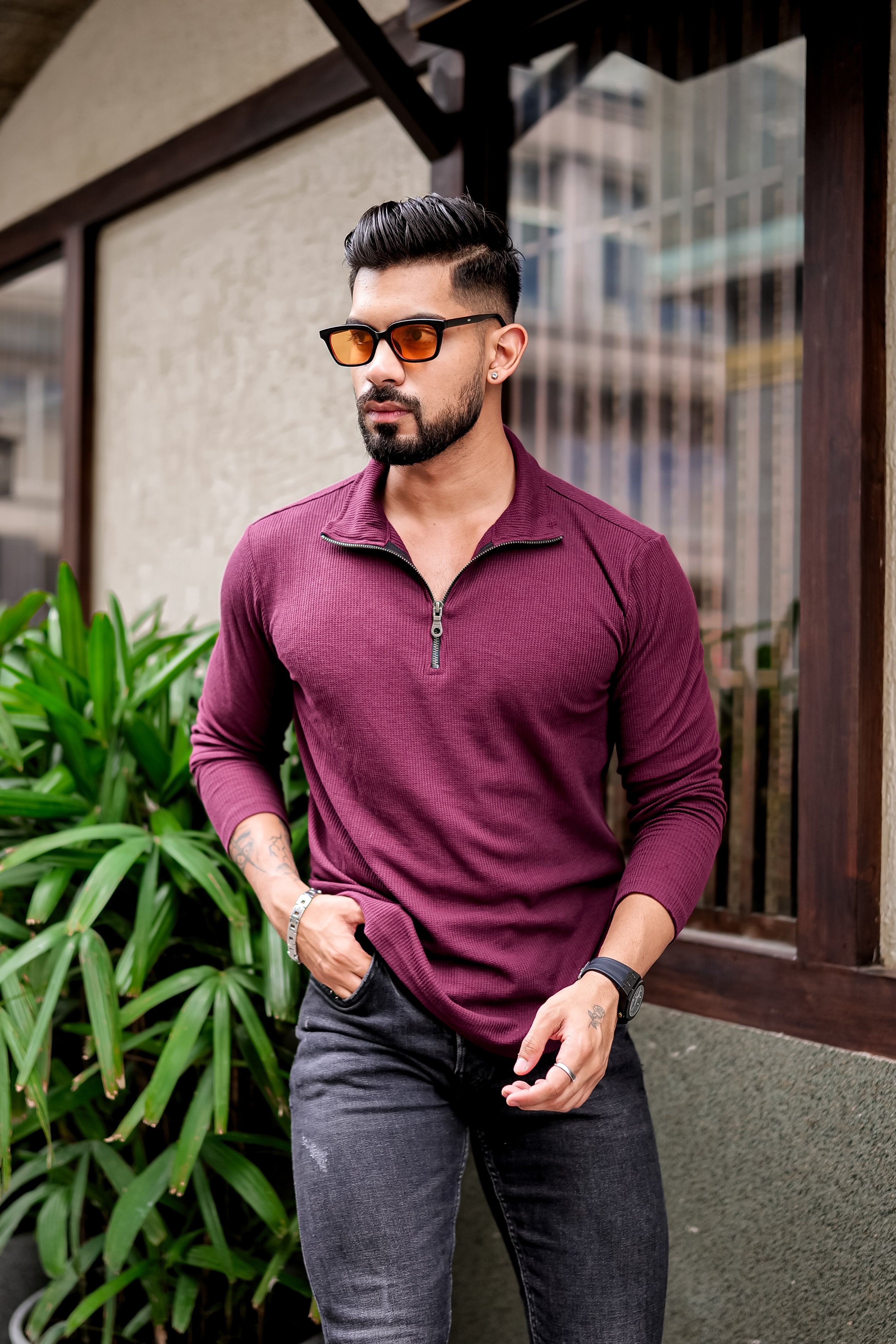 Maroon Waffle Self Design Zipper T-Shirt