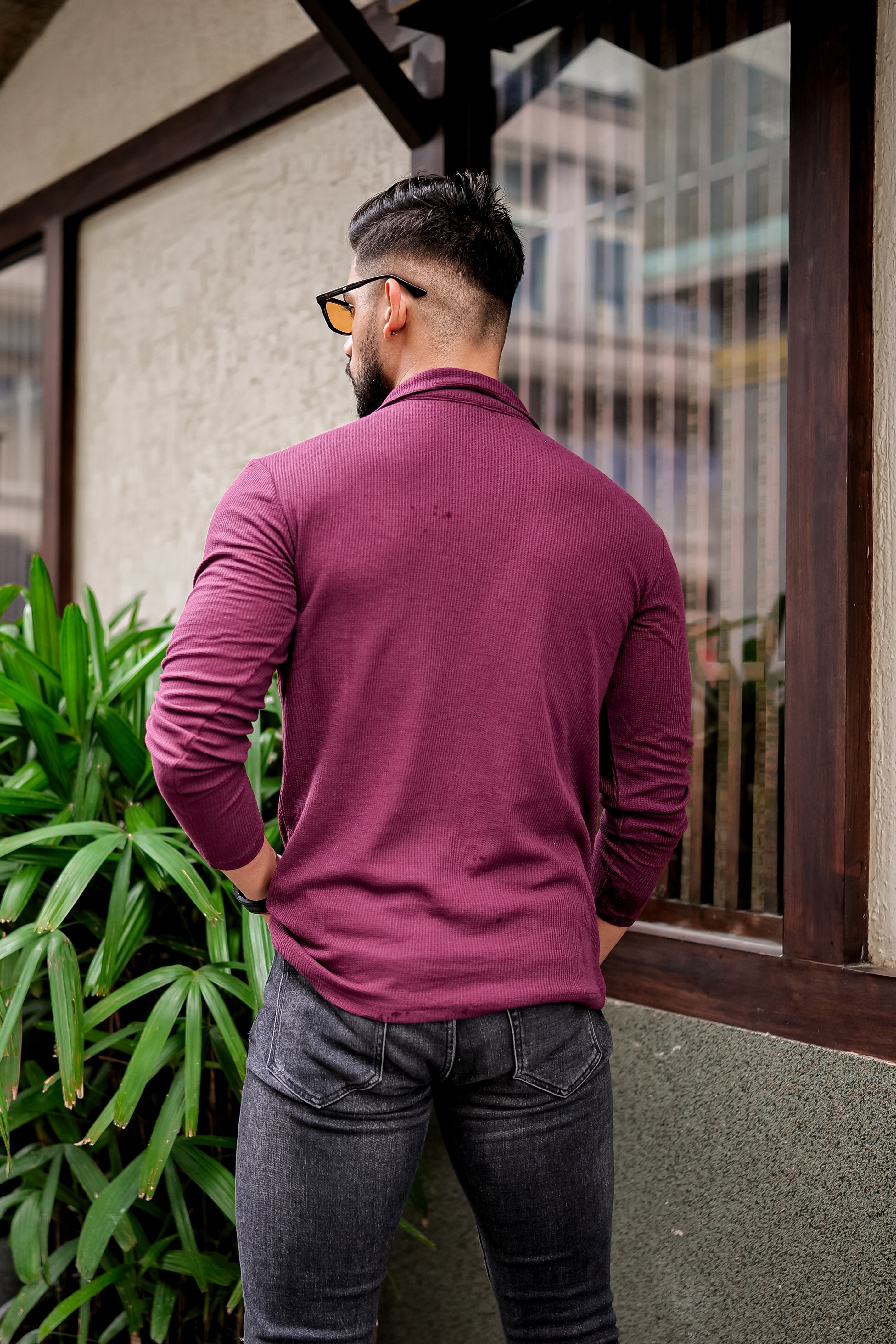 Maroon Waffle Self Design Zipper T-Shirt