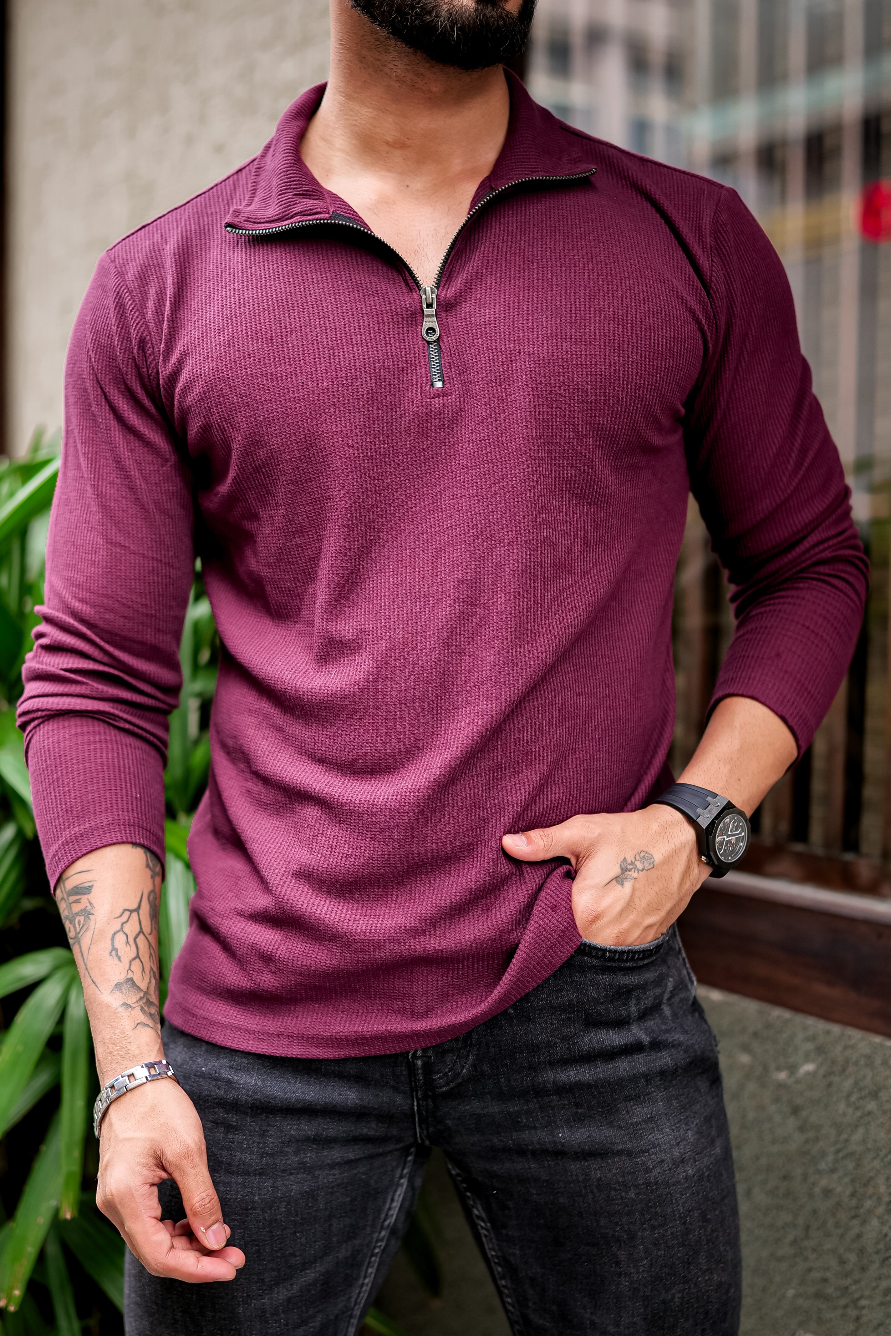 Maroon Waffle Self Design Zipper T-Shirt
