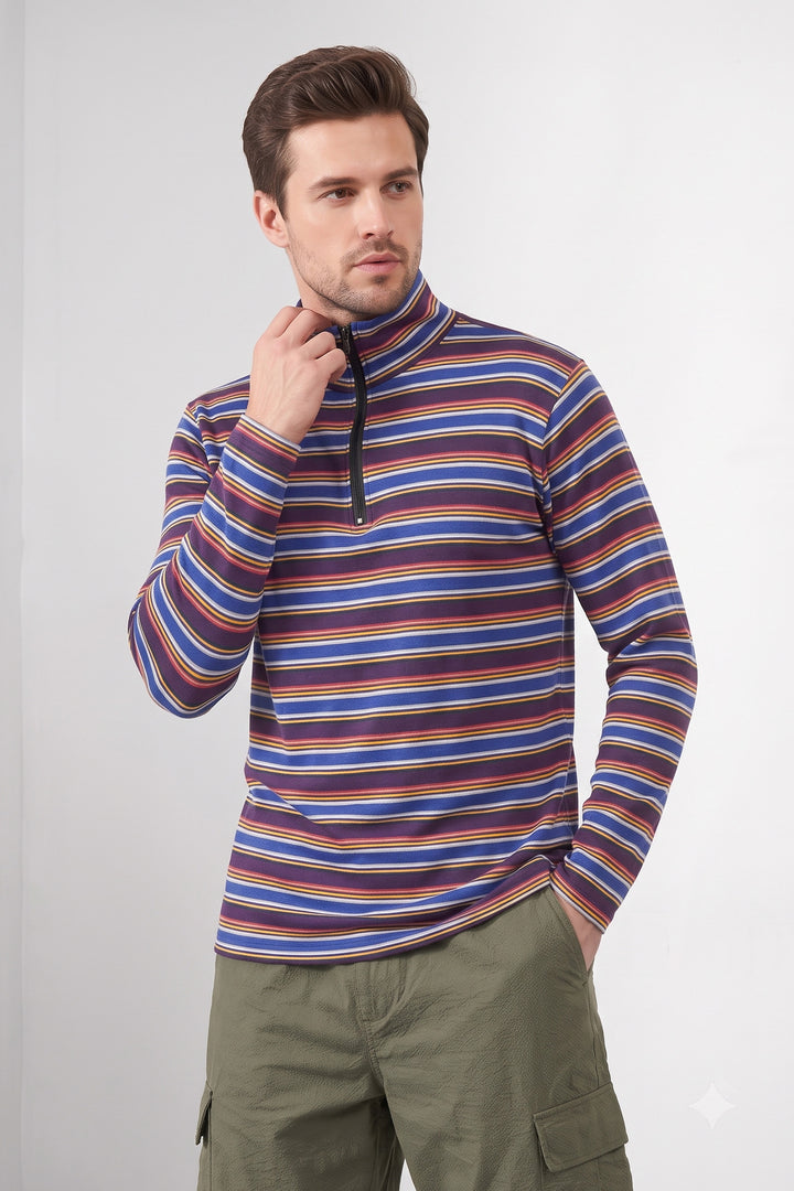 Multi Striped Full Sleeve Zipper T-Shirt