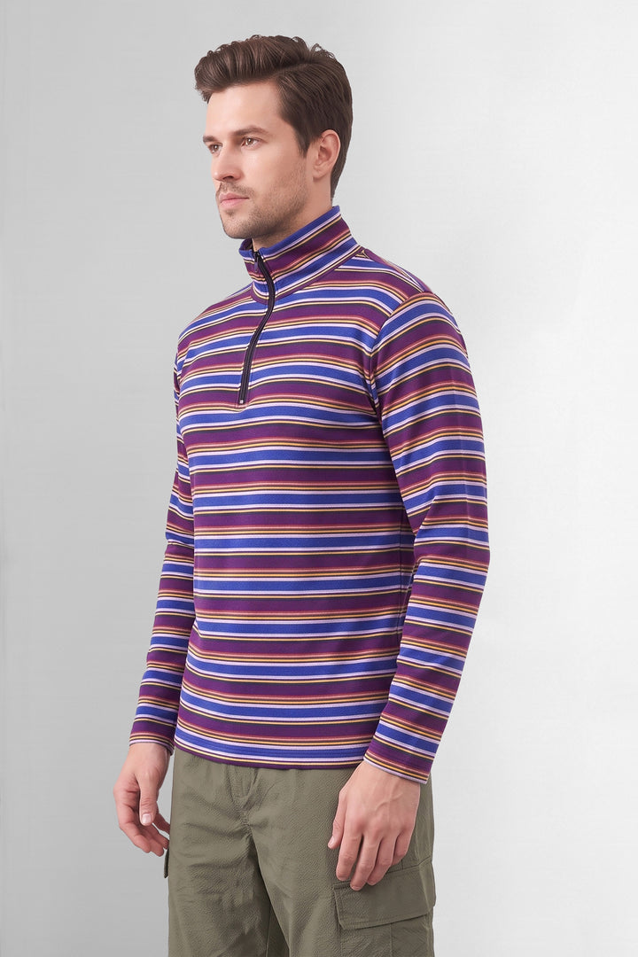 Multi Striped Full Sleeve Zipper T-Shirt