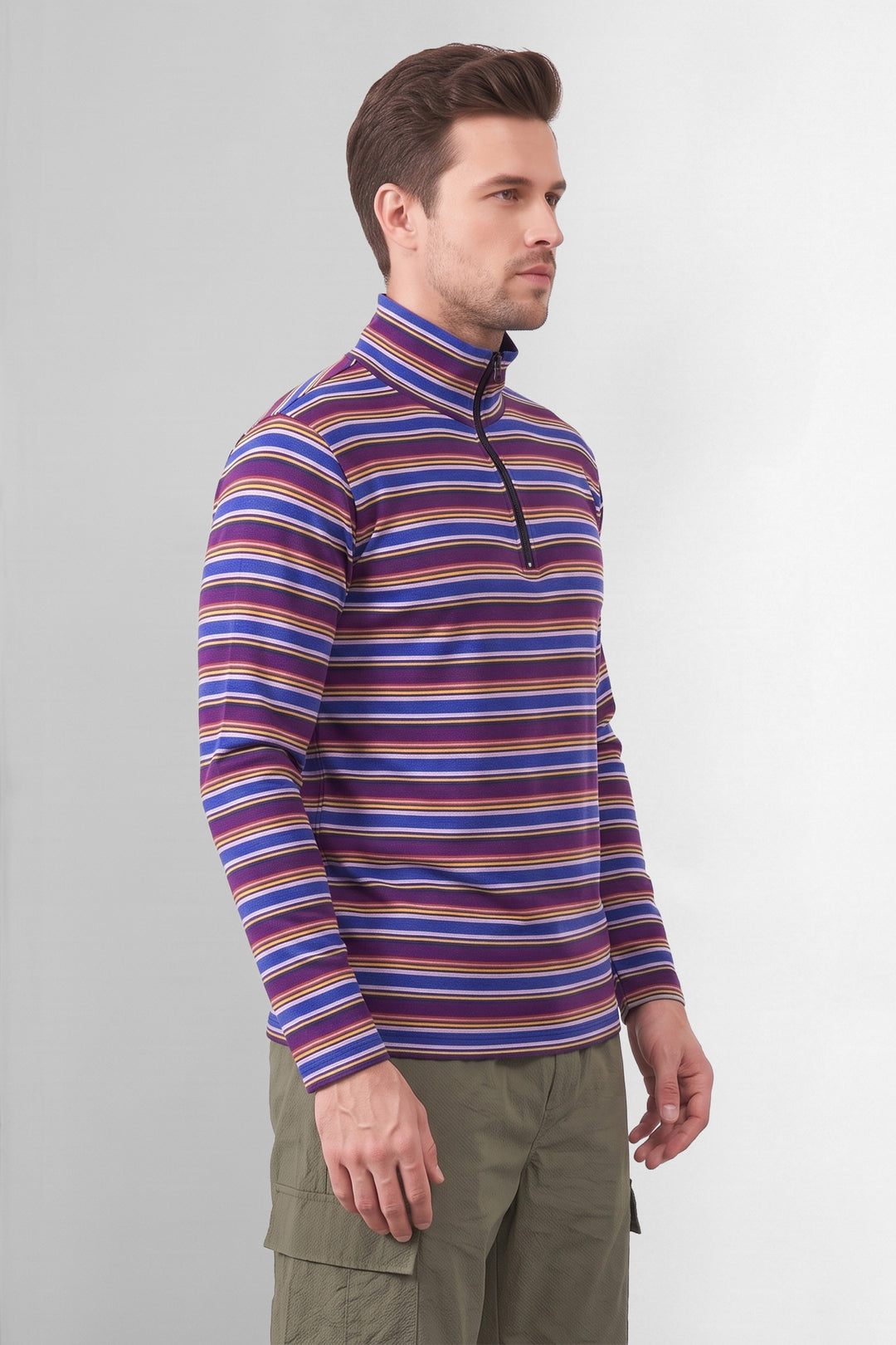 Multi Striped Full Sleeve Zipper T-Shirt