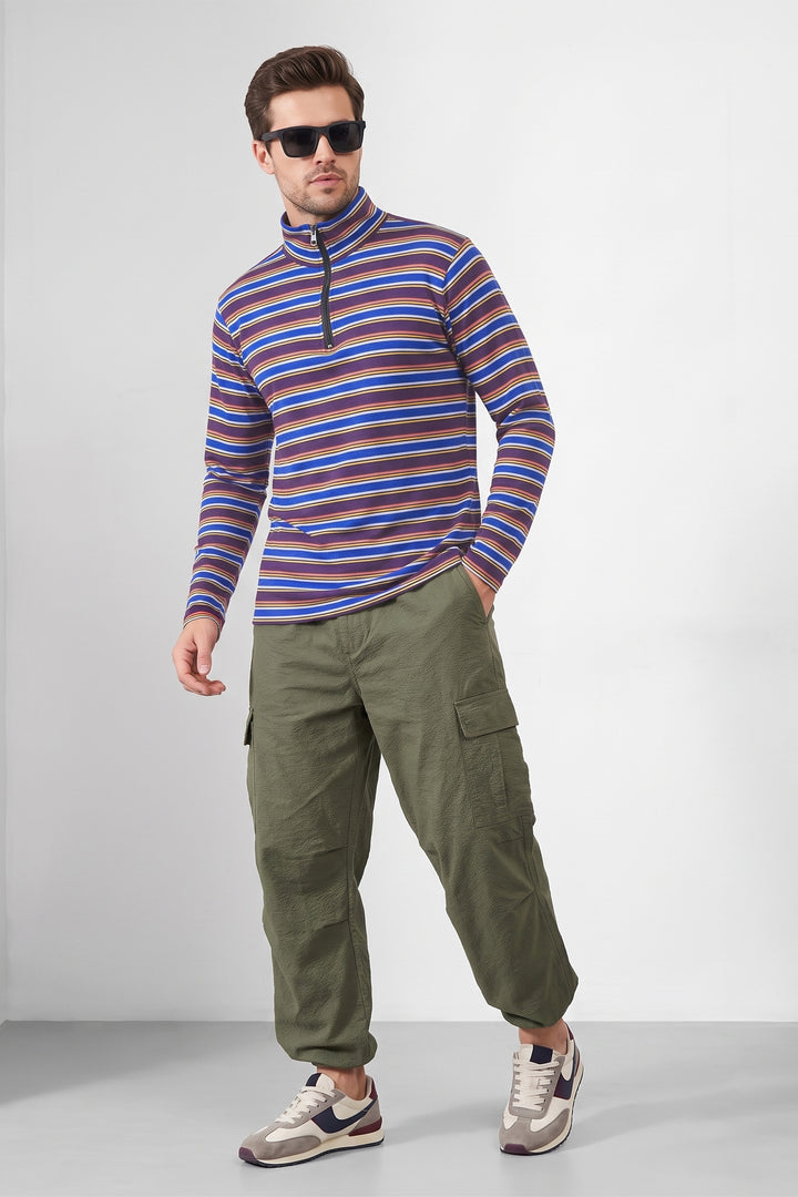 Multi Striped Full Sleeve Zipper T-Shirt