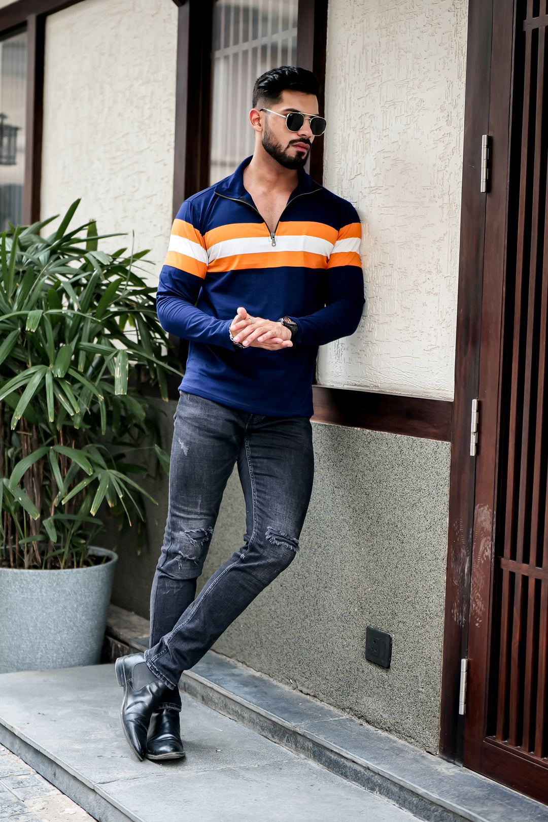 Navy Blue Self Design Striper Zipper T-Shirt