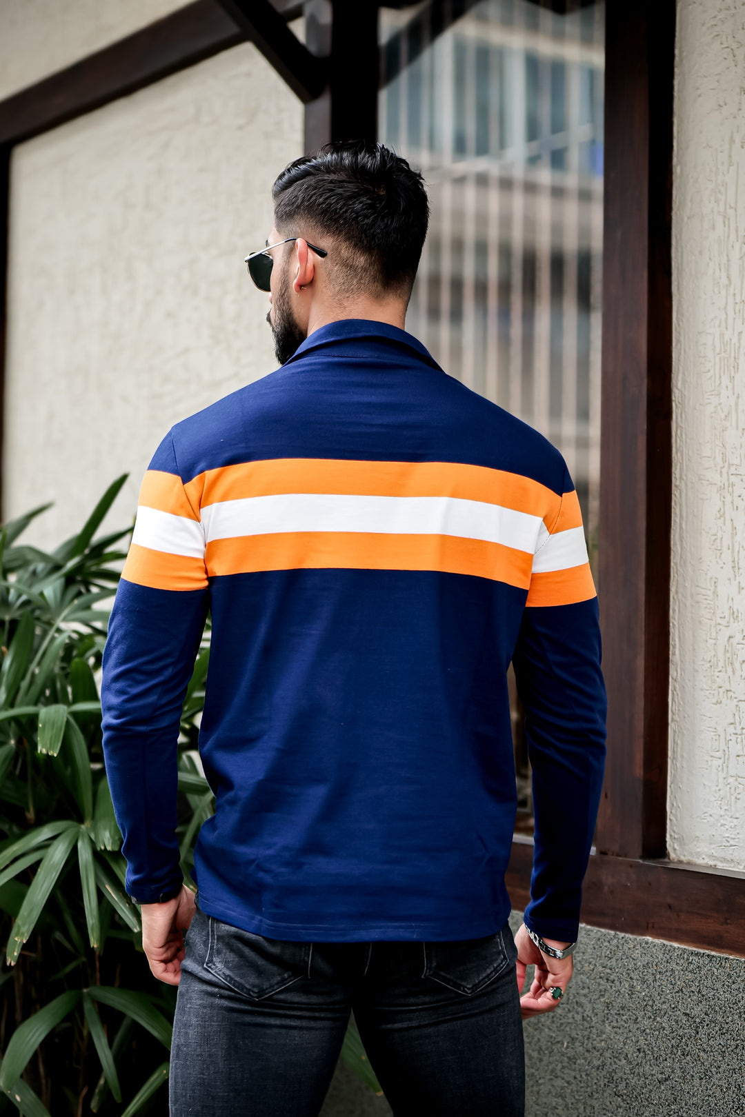 Navy Blue Self Design Striper Zipper T-Shirt