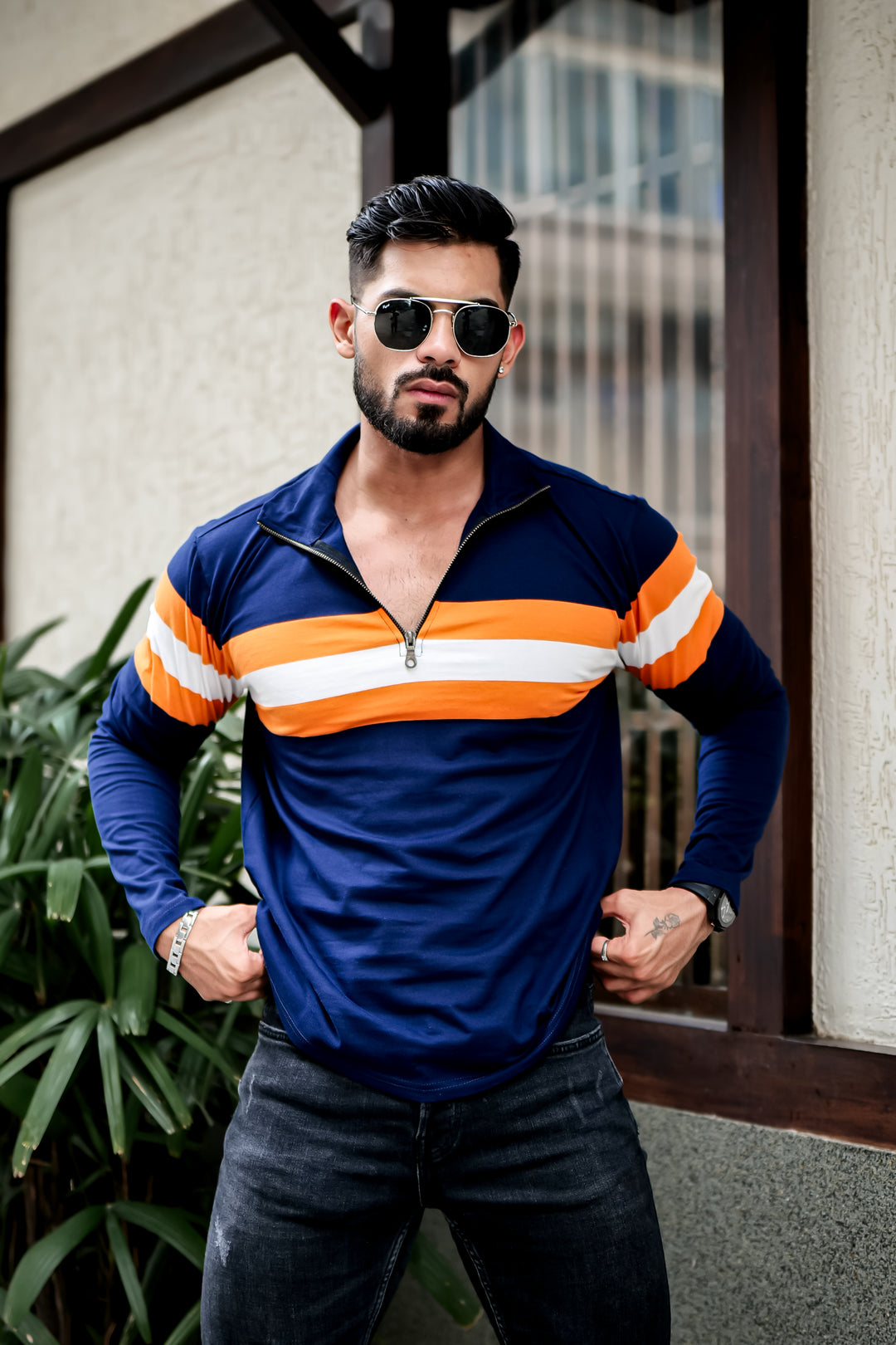 Navy Blue Self Design Striper Zipper T-Shirt
