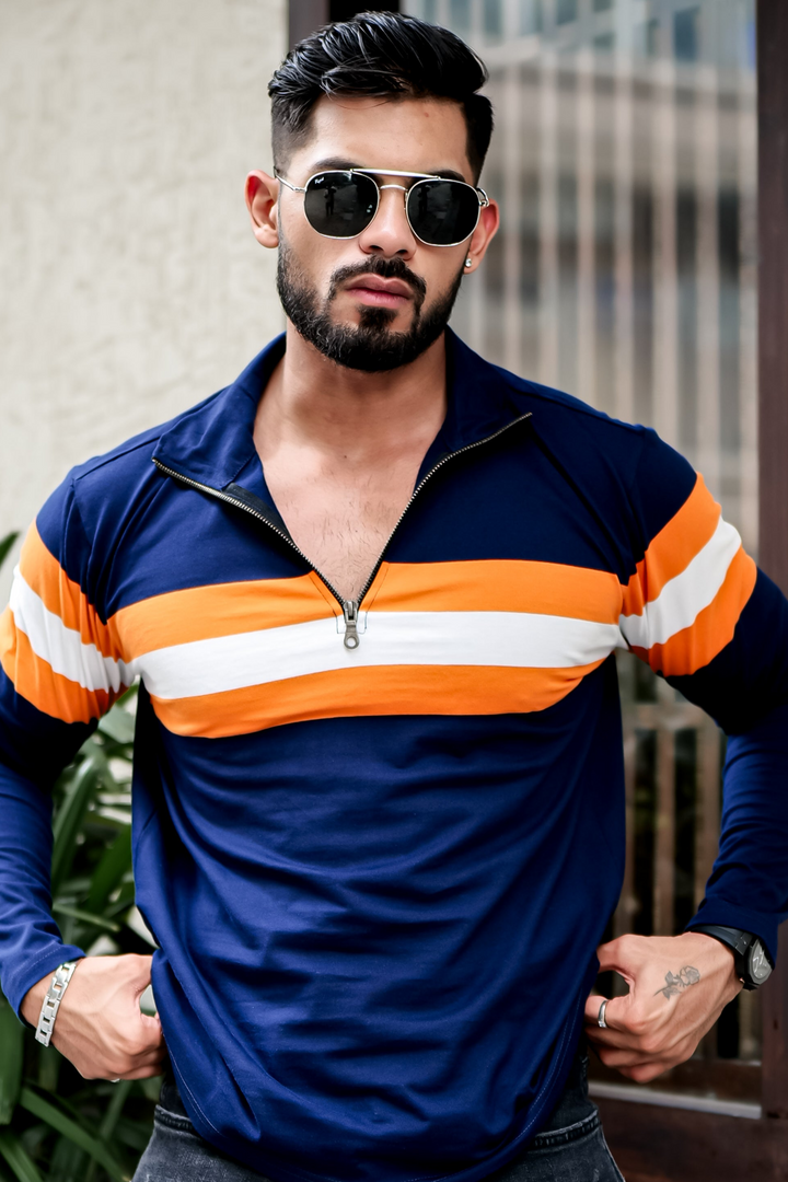 Navy Blue Self Design Striper Zipper T-Shirt