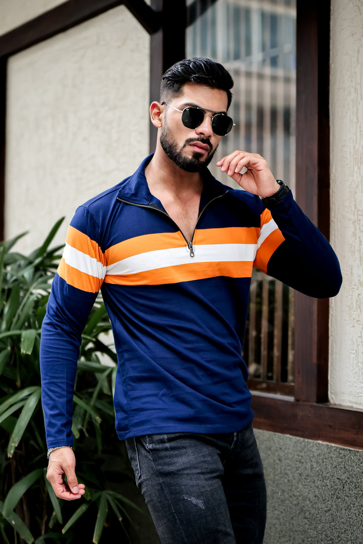 Navy Blue Self Design Striper Zipper T-Shirt