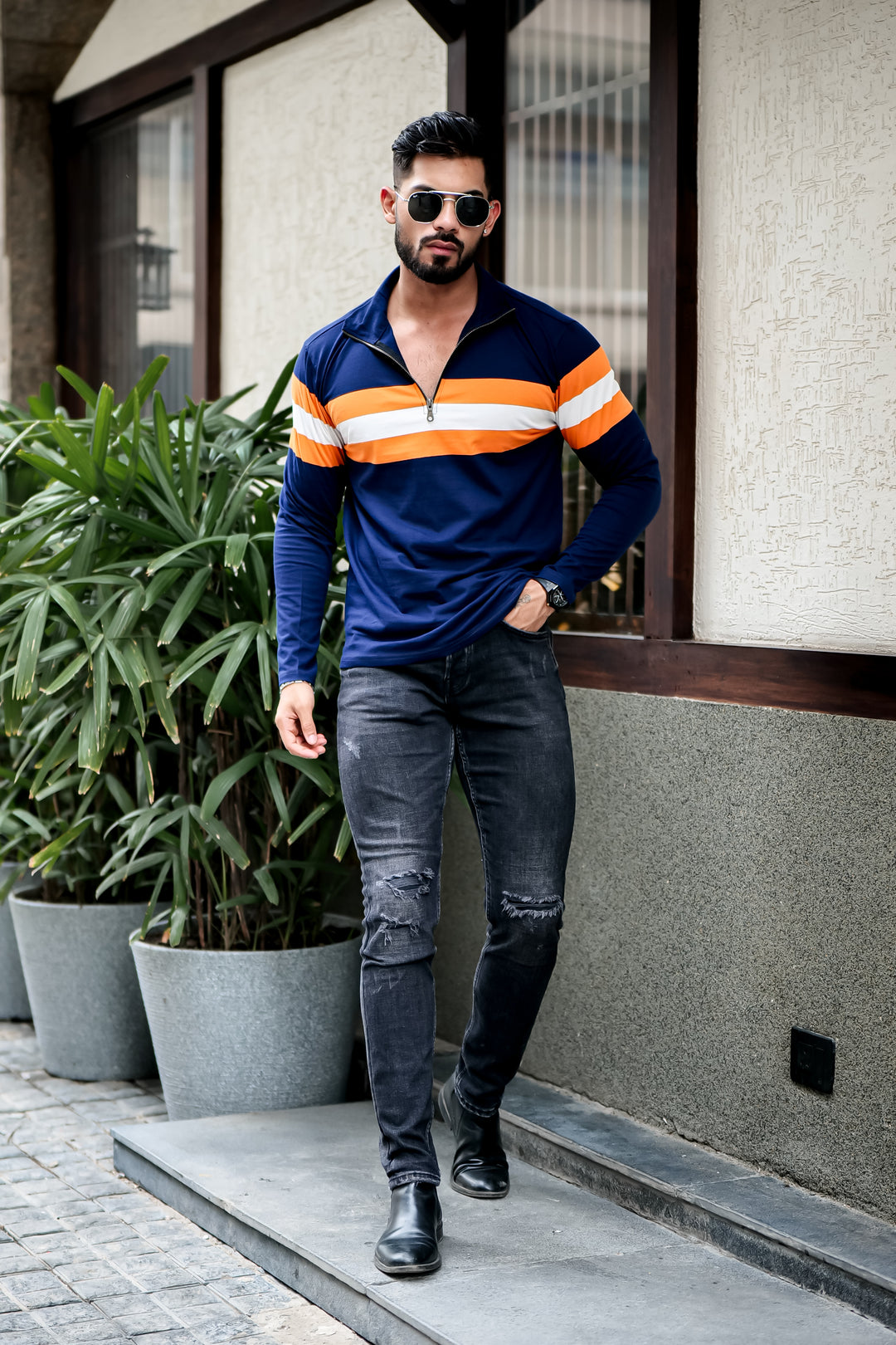 Navy Blue Self Design Striper Zipper T-Shirt