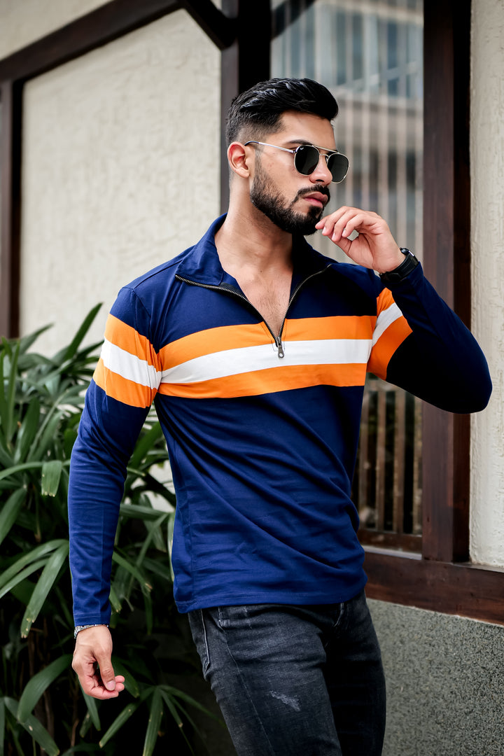 Navy Blue Self Design Striper Zipper T-Shirt