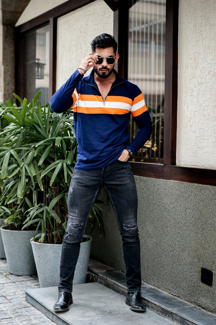 Navy Blue Self Design Striper Zipper T-Shirt