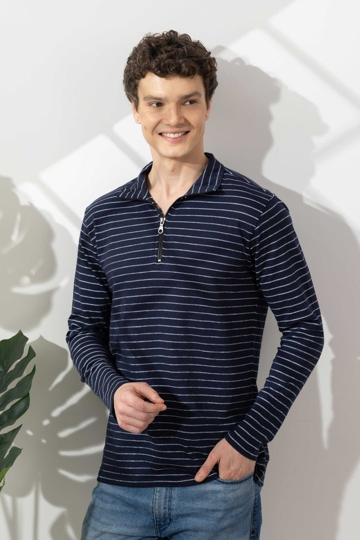 Navy Blue Self Design Cotton Zipper T-Shirt