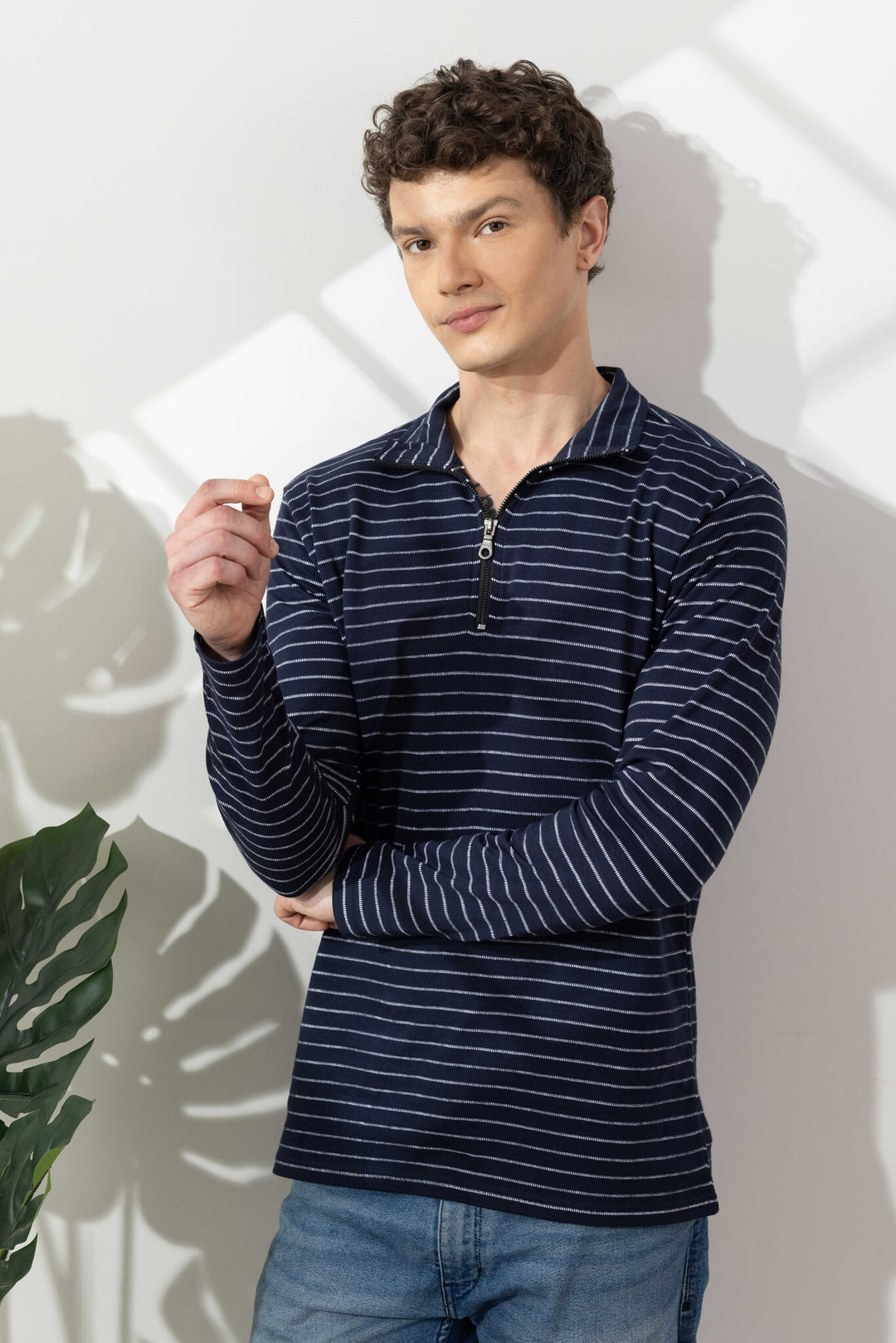 Navy Blue Self Design Cotton Zipper T-Shirt