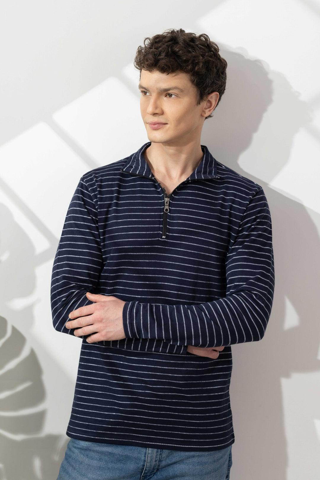Navy Blue Self Design Cotton Zipper T-Shirt