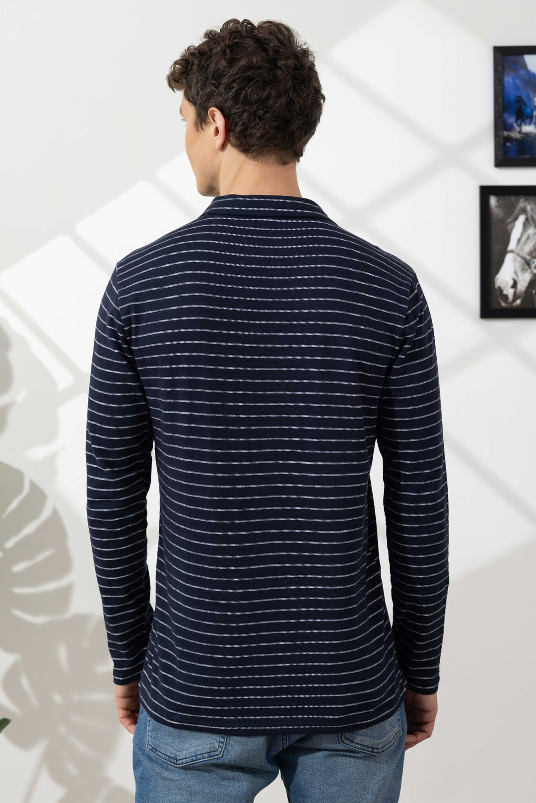 Navy Blue Self Design Cotton Zipper T-Shirt