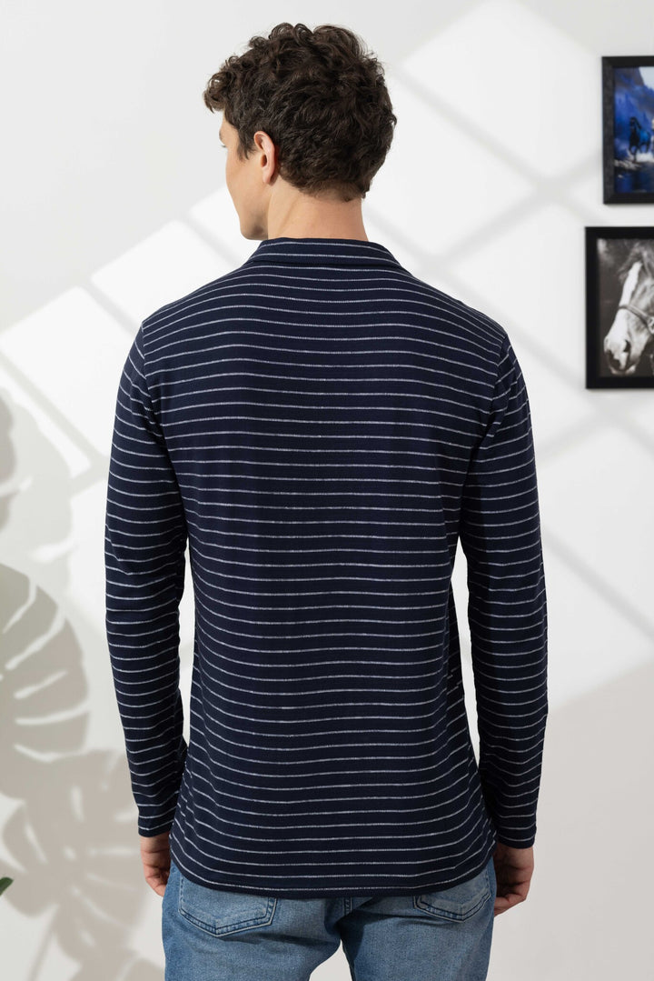 Navy Blue Self Design Cotton Zipper T-Shirt
