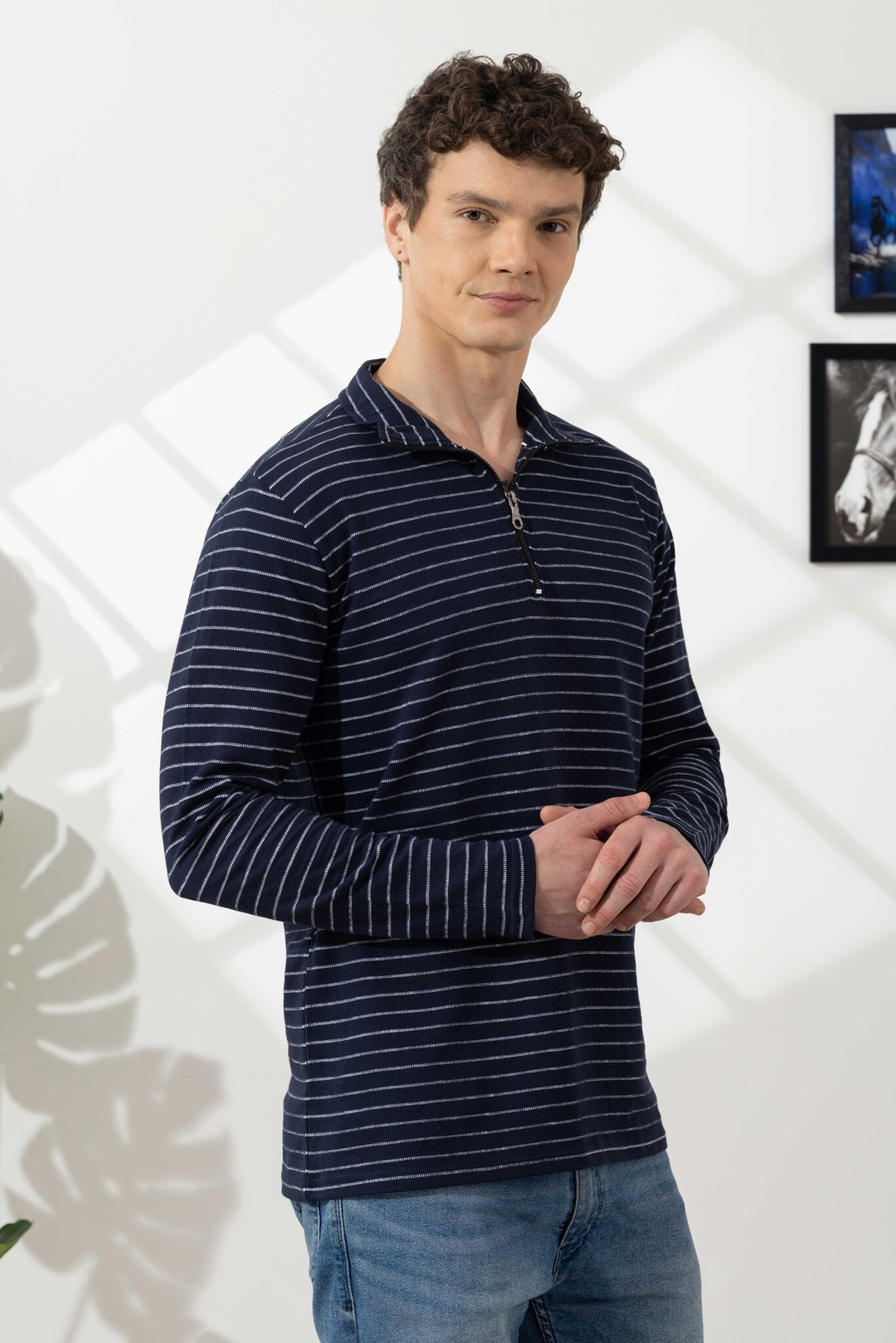 Navy Blue Self Design Cotton Zipper T-Shirt