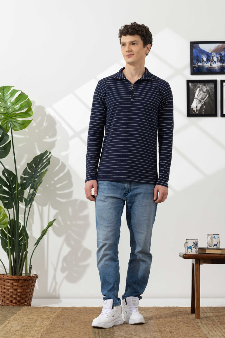 Navy Blue Self Design Cotton Zipper T-Shirt