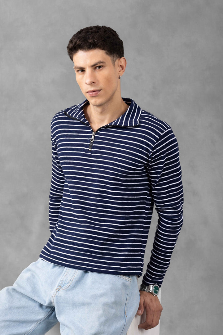 Navy Self Design Striped Zipper T-Shirt