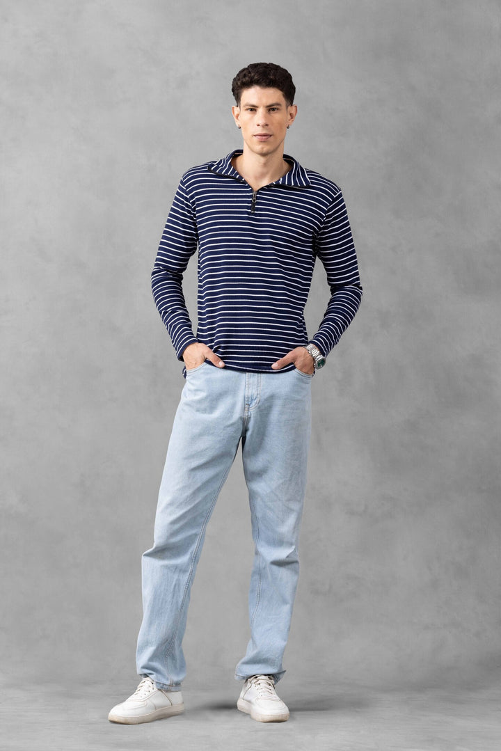 Navy Self Design Striped Zipper T-Shirt