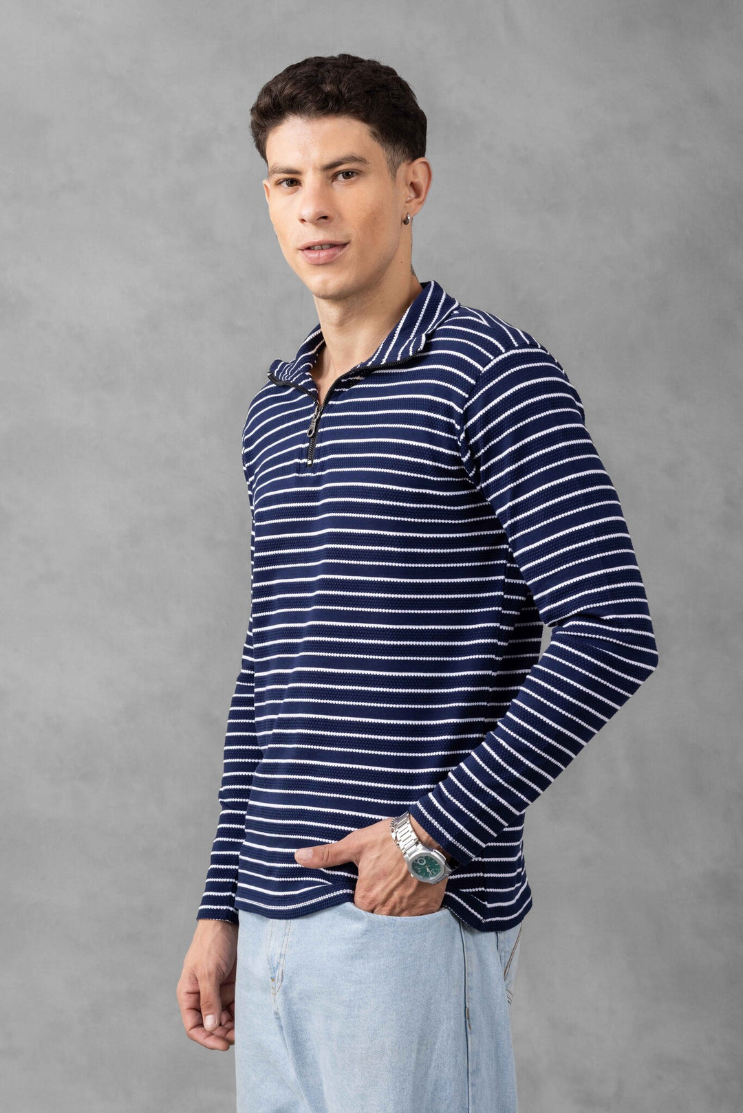 Navy Self Design Striped Zipper T-Shirt