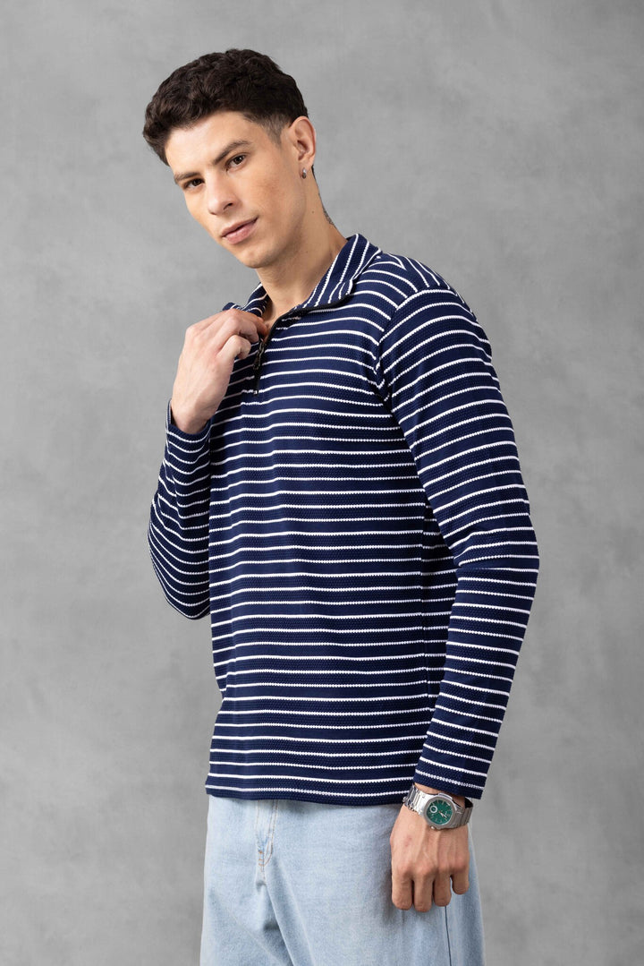 Navy Self Design Striped Zipper T-Shirt