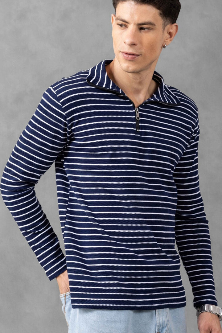 Navy Self Design Striped Zipper T-Shirt