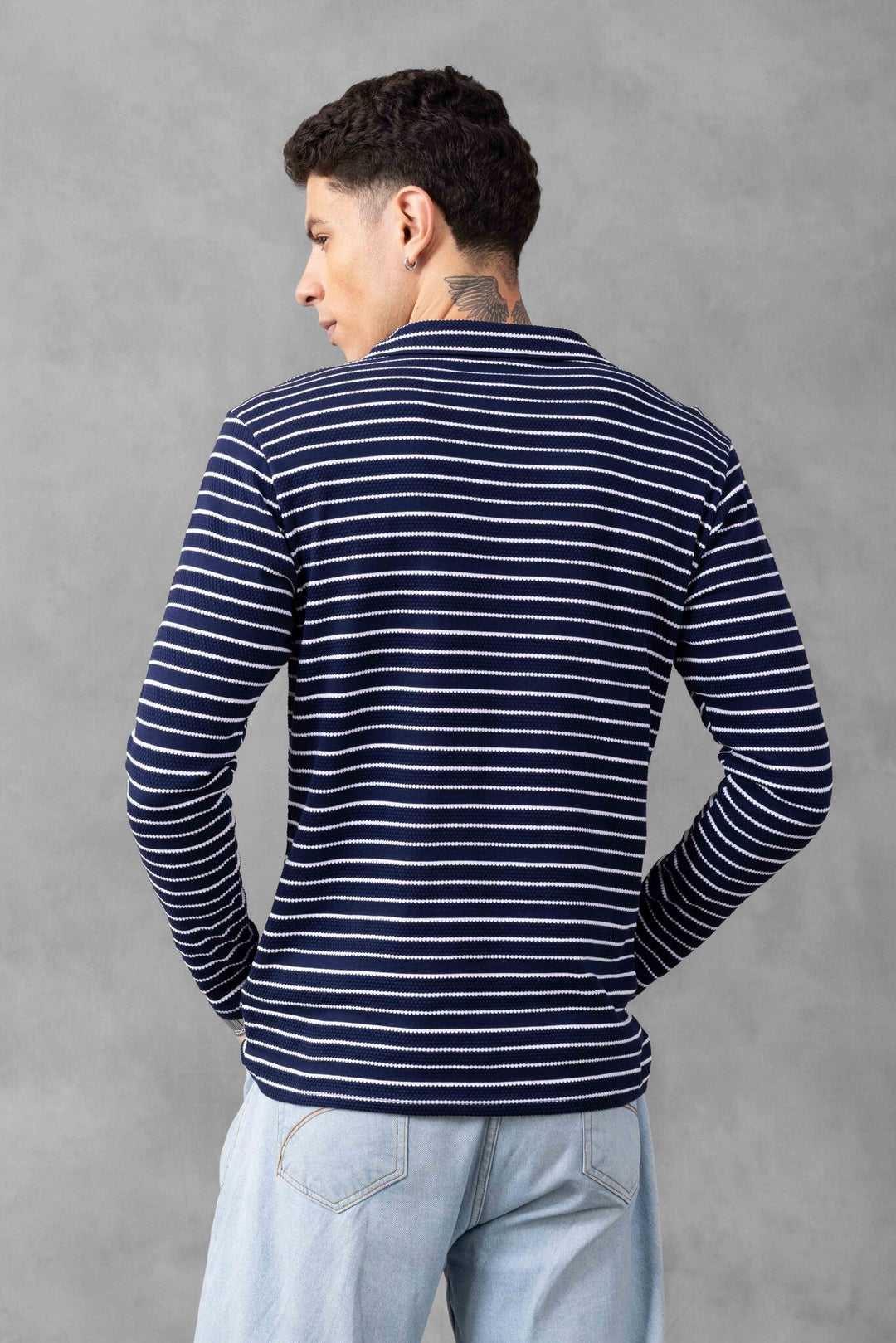 Navy Self Design Striped Zipper T-Shirt