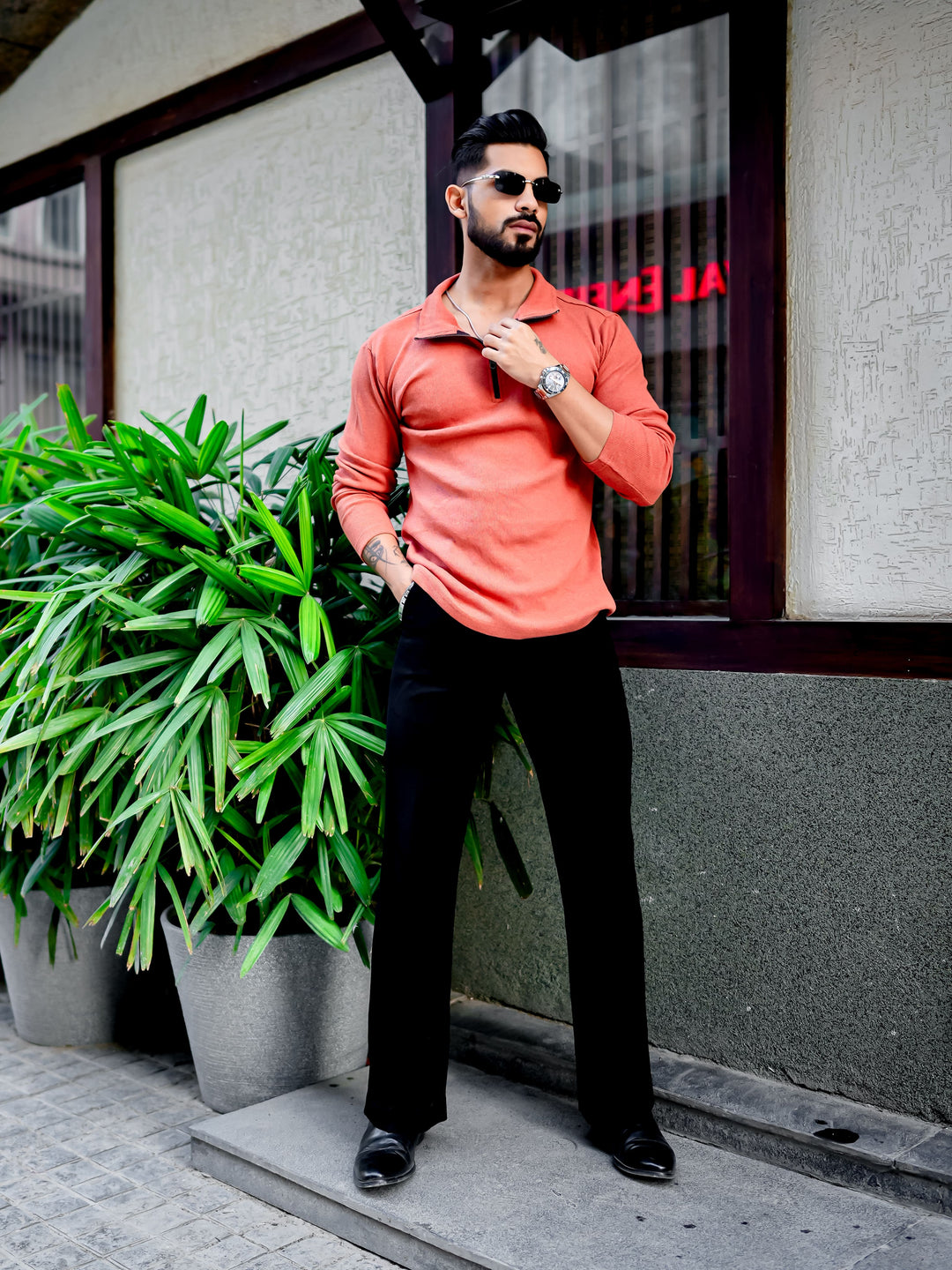 Orange Ribbed Self Design Zipper T-Shirt
