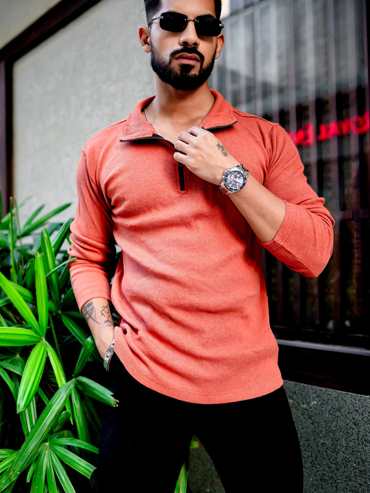 Orange Ribbed Self Design Zipper T-Shirt