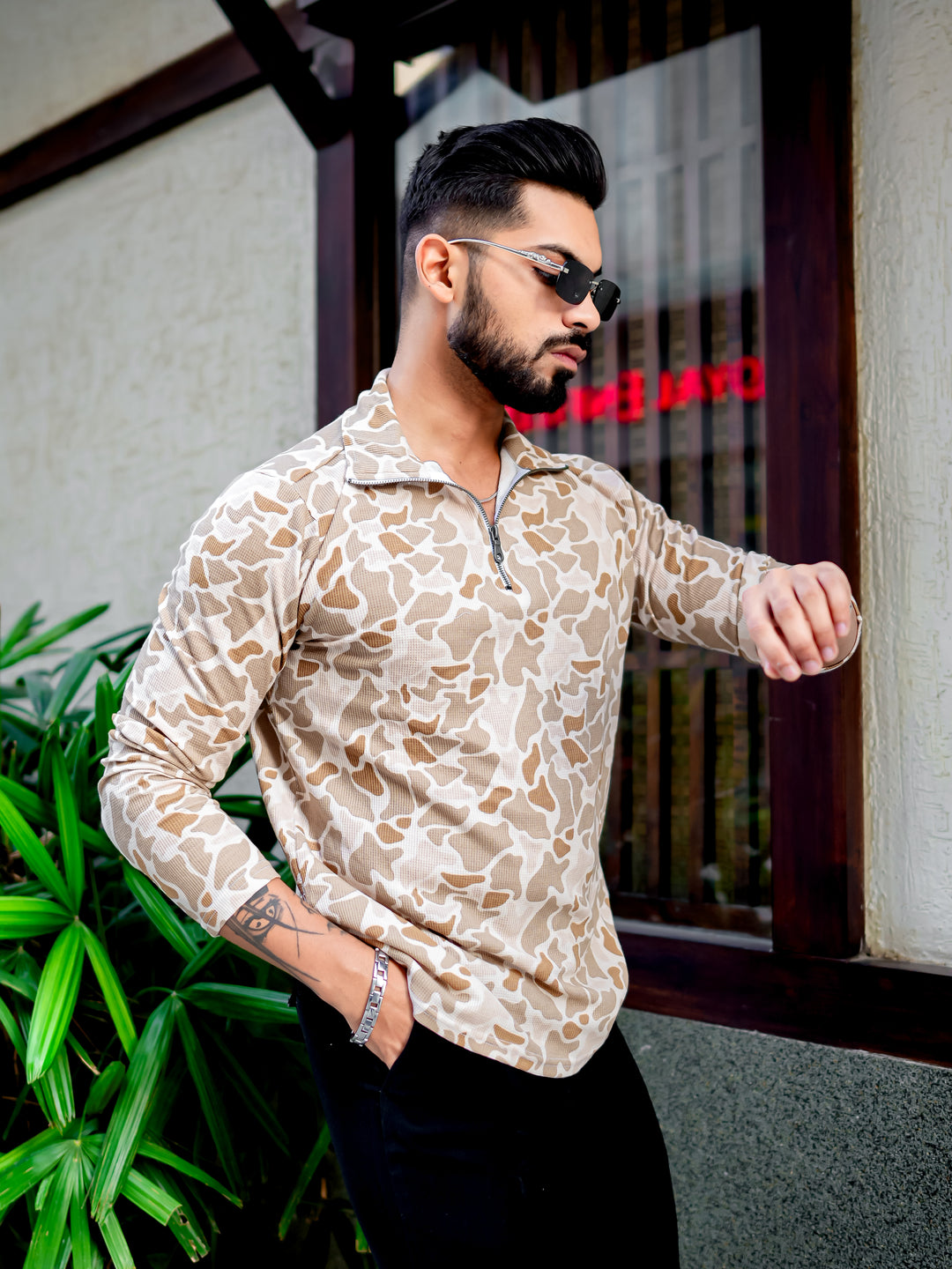 Brown Zipper Self Design T-Shirt