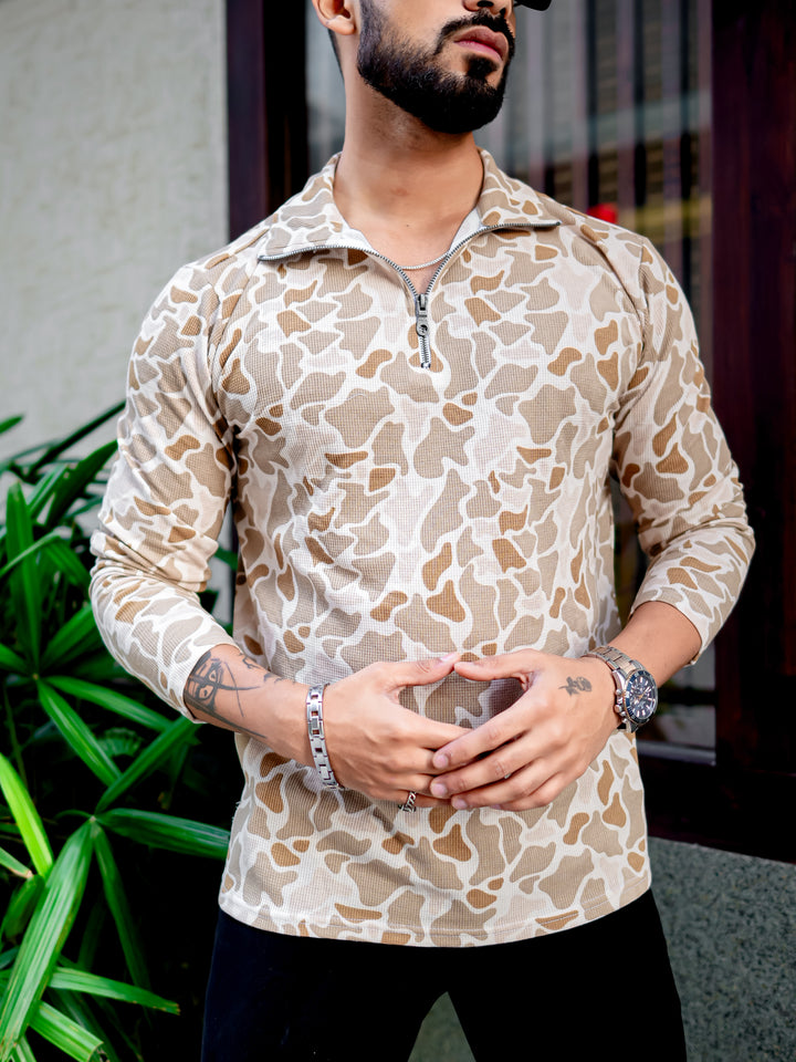 Brown Zipper Self Design T-Shirt