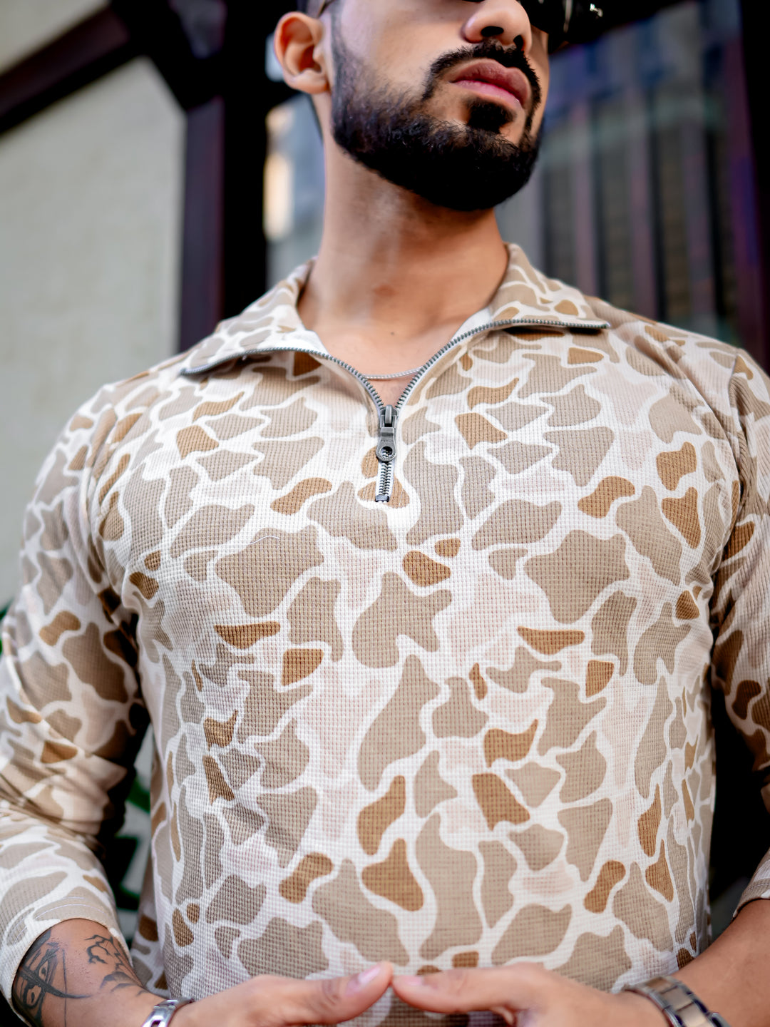 Brown Zipper Self Design T-Shirt