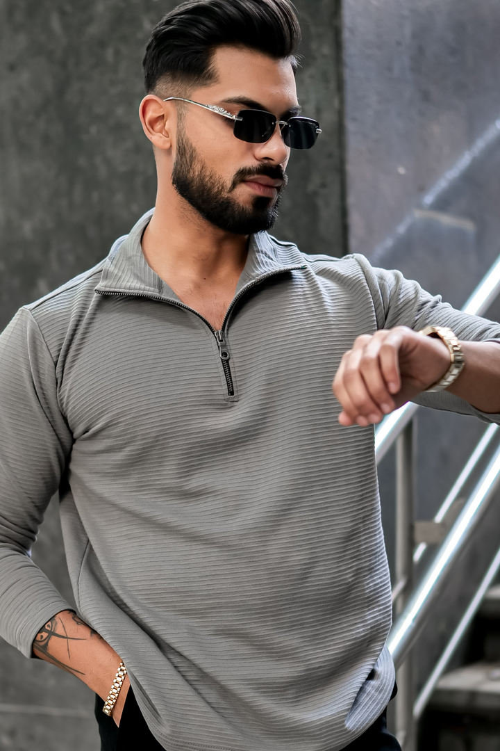 Grey Self Design Zipper T-Shirt
