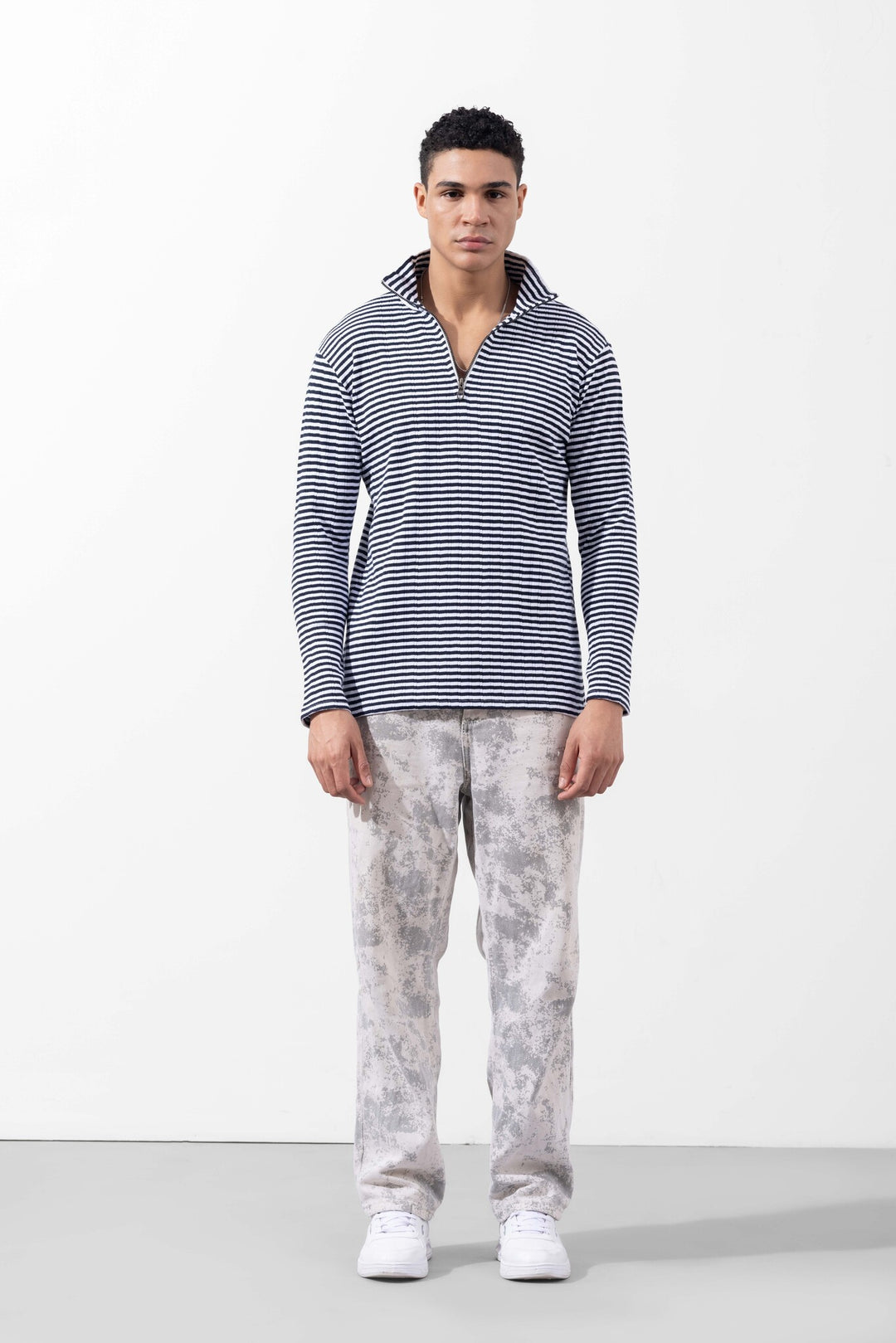 White Black Striped  Self Design Zipper Collar T-Shirt