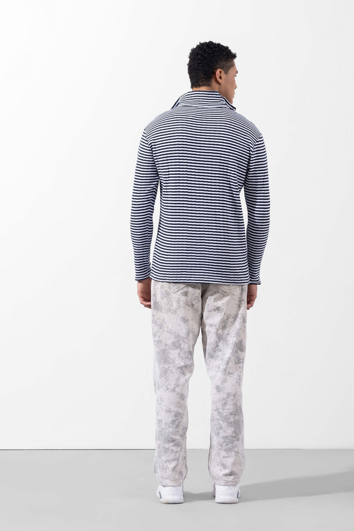 White Black Striped  Self Design Zipper Collar T-Shirt