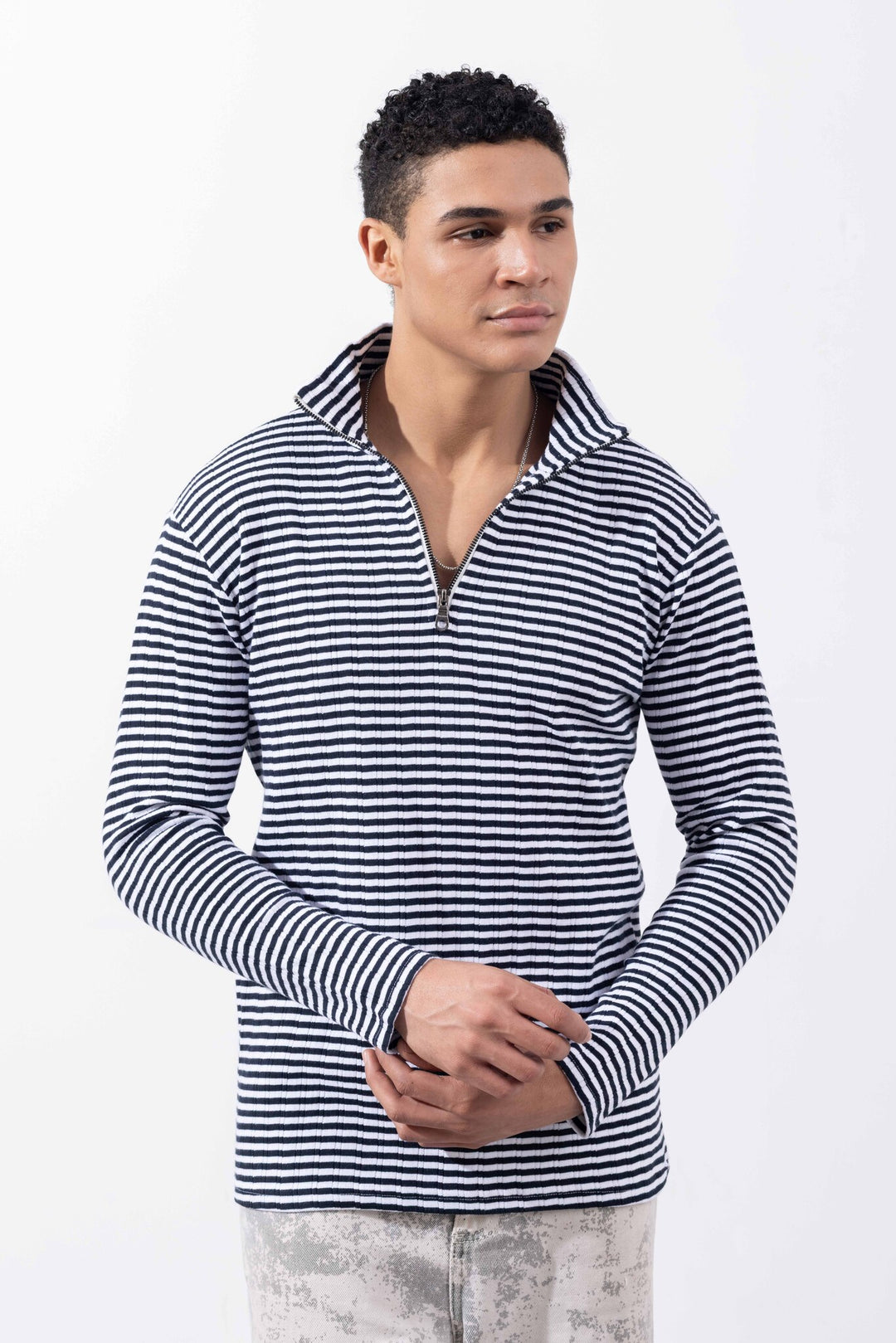 White Black Striped  Self Design Zipper Collar T-Shirt