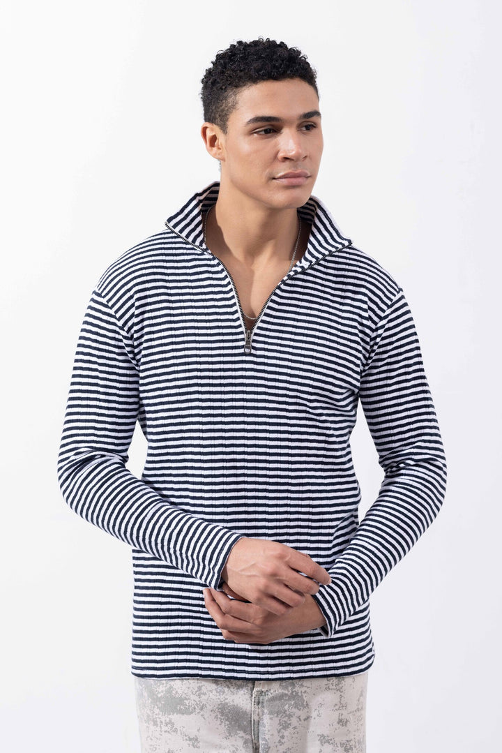White Black Striped  Self Design Zipper Collar T-Shirt