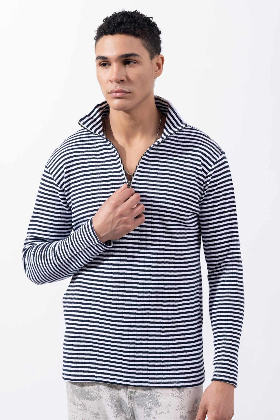 White Black Striped  Self Design Zipper Collar T-Shirt