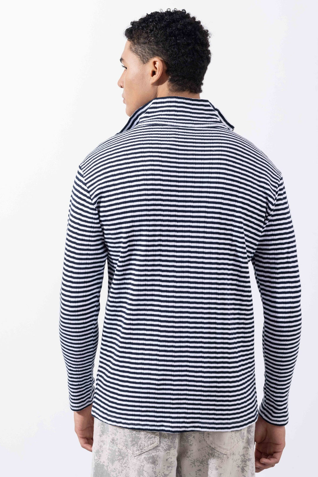 White Black Striped  Self Design Zipper Collar T-Shirt