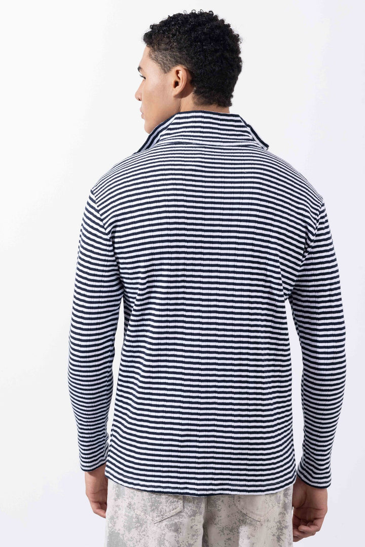 White Black Striped  Self Design Zipper Collar T-Shirt