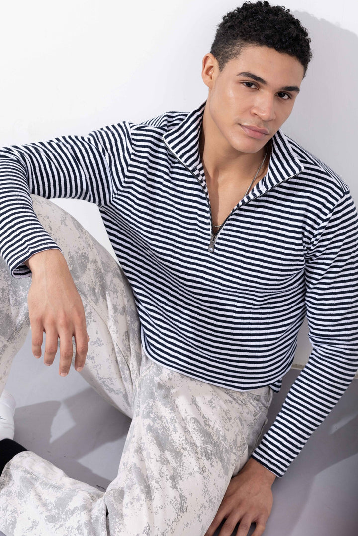 White Black Striped  Self Design Zipper Collar T-Shirt