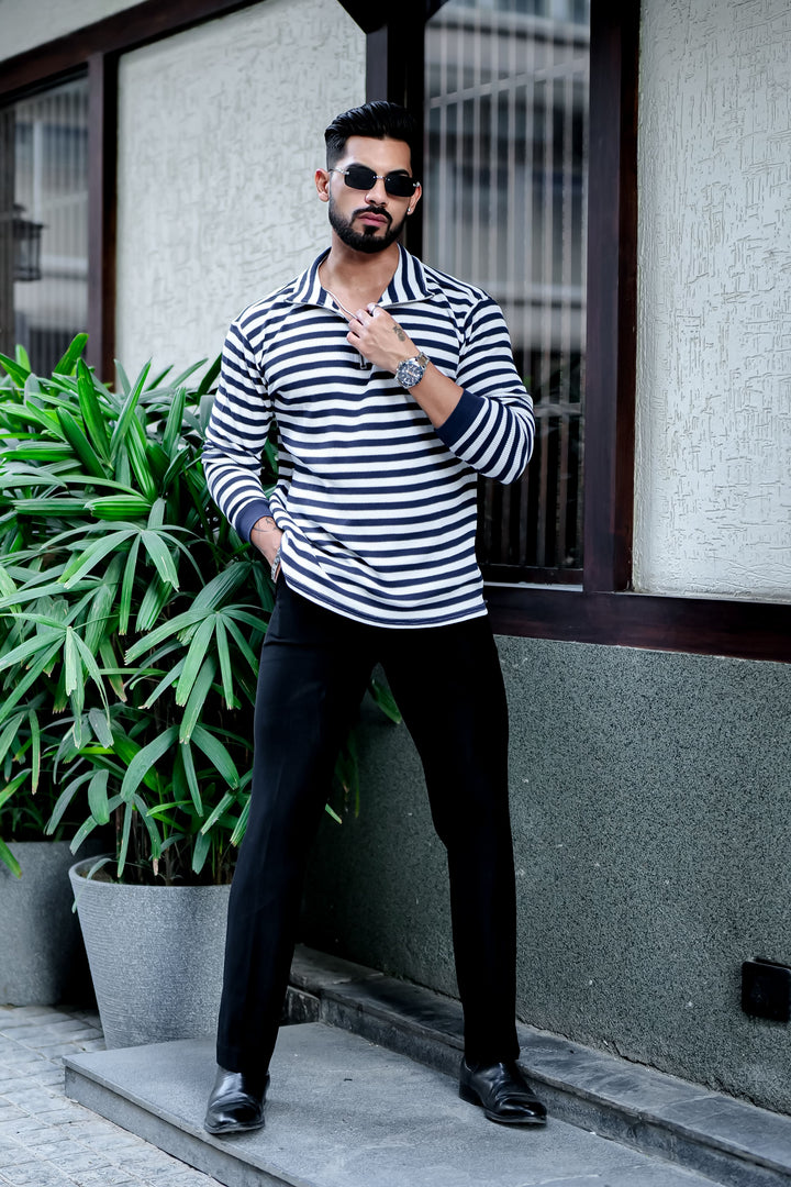 Navy Stripe Waffle Zipper T-Shirt