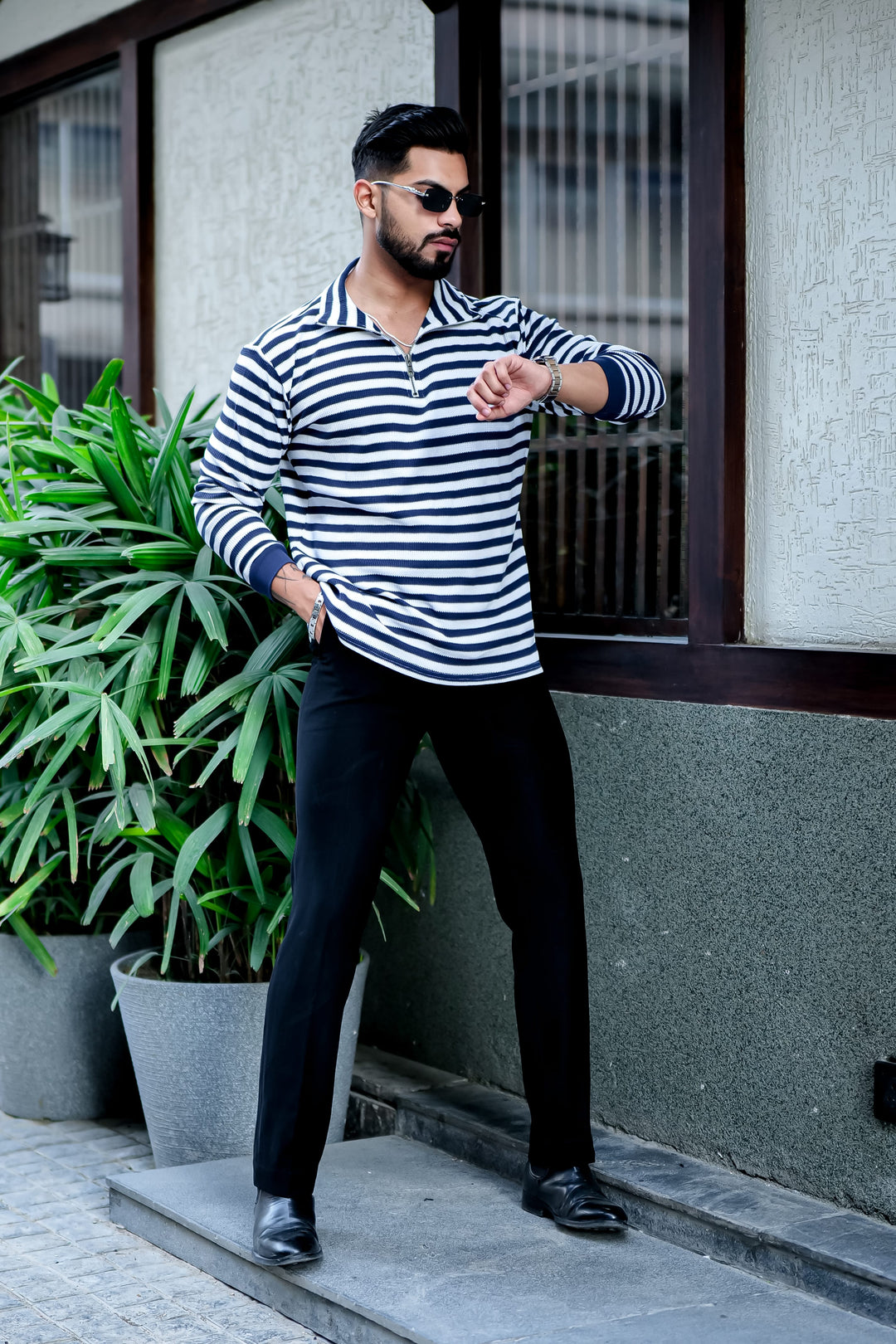 Navy Stripe Waffle Zipper T-Shirt