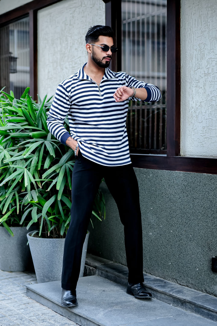 Navy Stripe Waffle Zipper T-Shirt